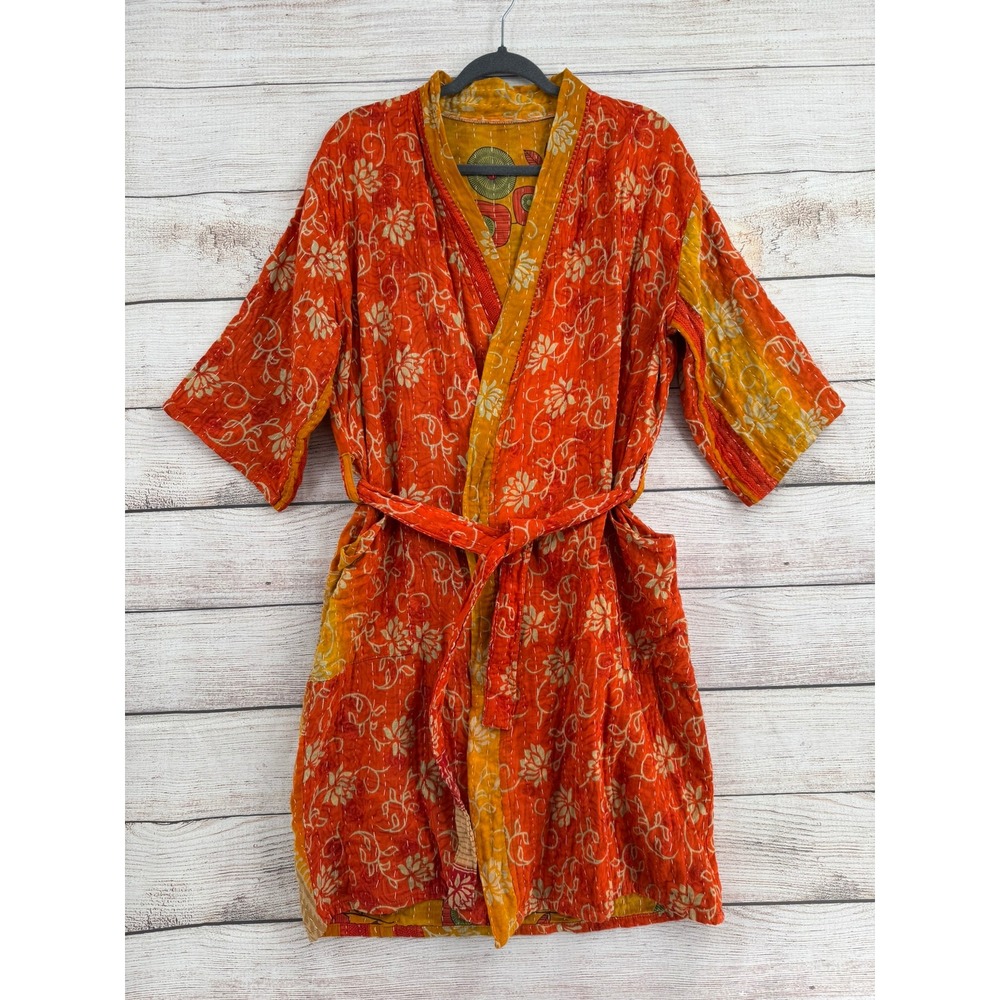 Kantha Kimono Robe Women One Size Orange Floral Belted Pockets Unbranded